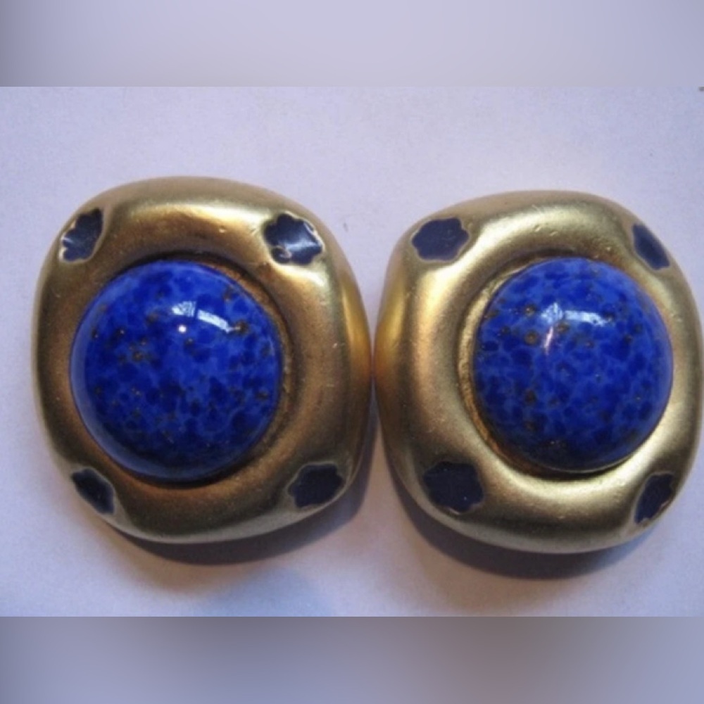 Vintage Collaboration Robert Goossens /YSL Clip on Earrings Blue Cabochon 80’s
